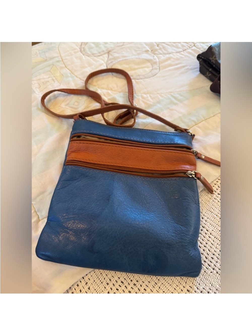 Italian Blue and Tan Leather Crossbody Bag water stain on bought in Italy - Picture 2 of 3